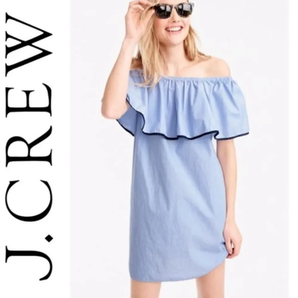 J. Crew Light Blue Chambray Ruffle Off Shoulder Dress Sz S